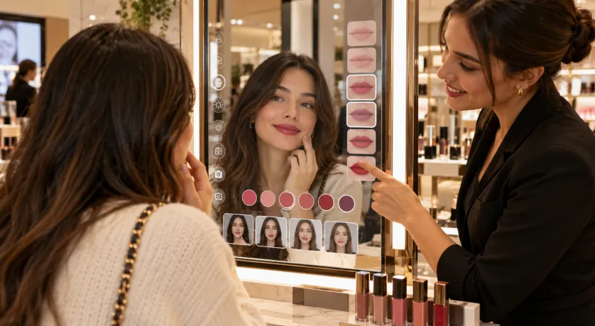 AR smart mirror allowing customers to virtually try different makeup shades
