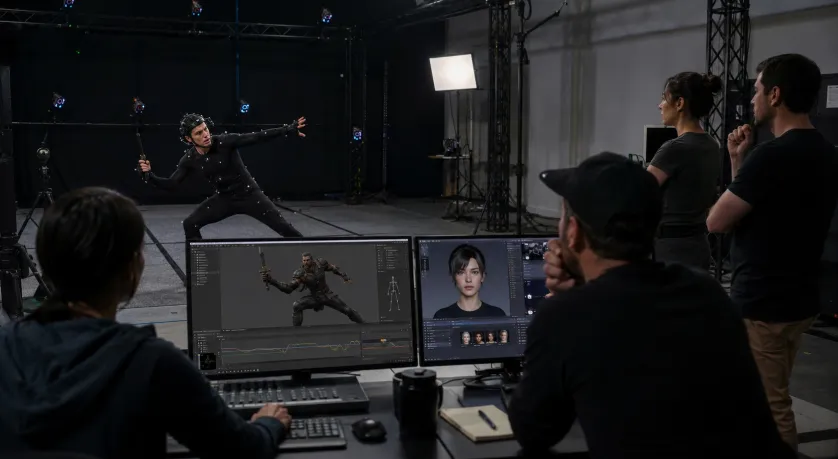 Actor in a motion capture studio with team reviewing animation