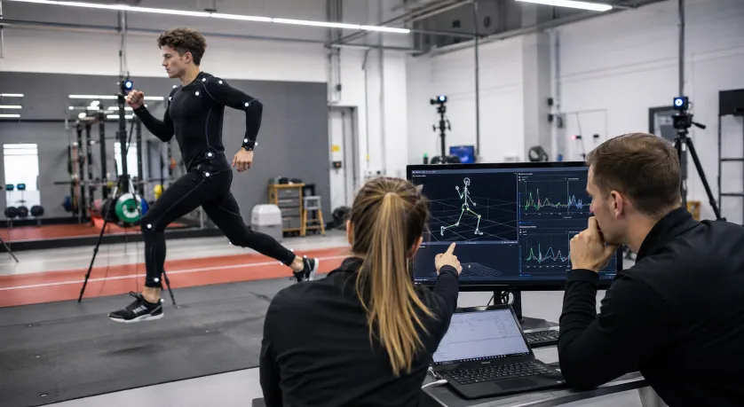 Athlete running in a motion capture lab for analysis