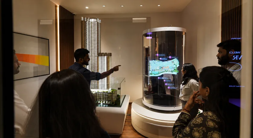Holographic real estate model showcase with visitors exploring a property project