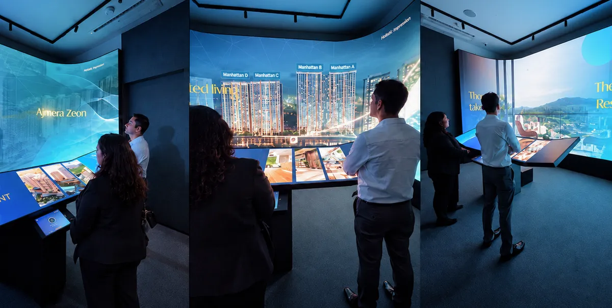 Immersive LED walls with interactive touchscreen tables for real-time property exploration