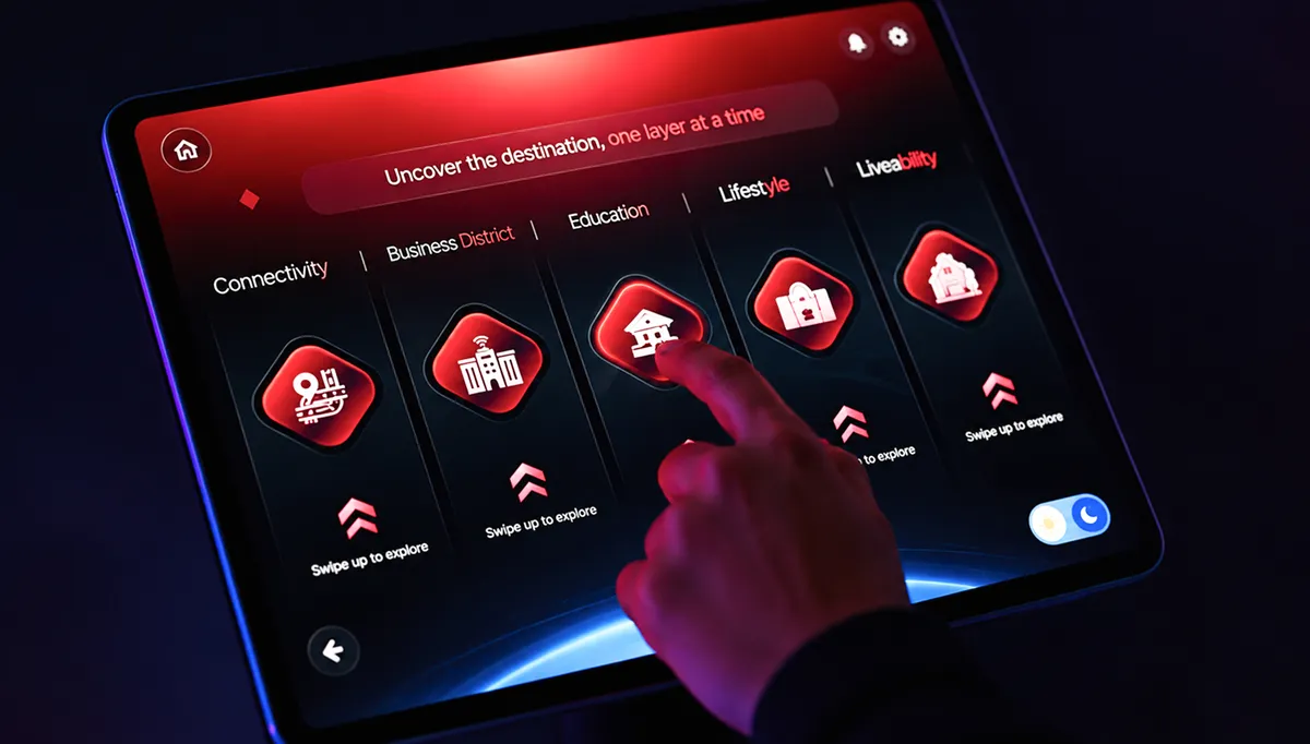 Interactive iPad interface for exploring Ajmera Manhattan’s connectivity, business, education and lifestyle.