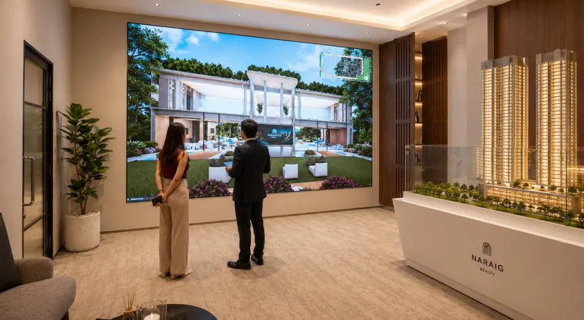 Interactive real estate experience centre with digital twin display and illuminated scale model