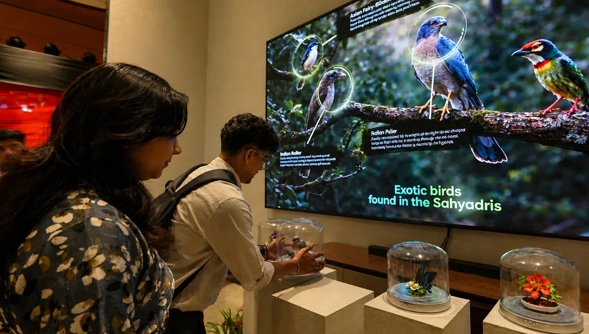 Visitors interacting with an immersive bird display wall featuring exotic Sahyadri birds..jpg